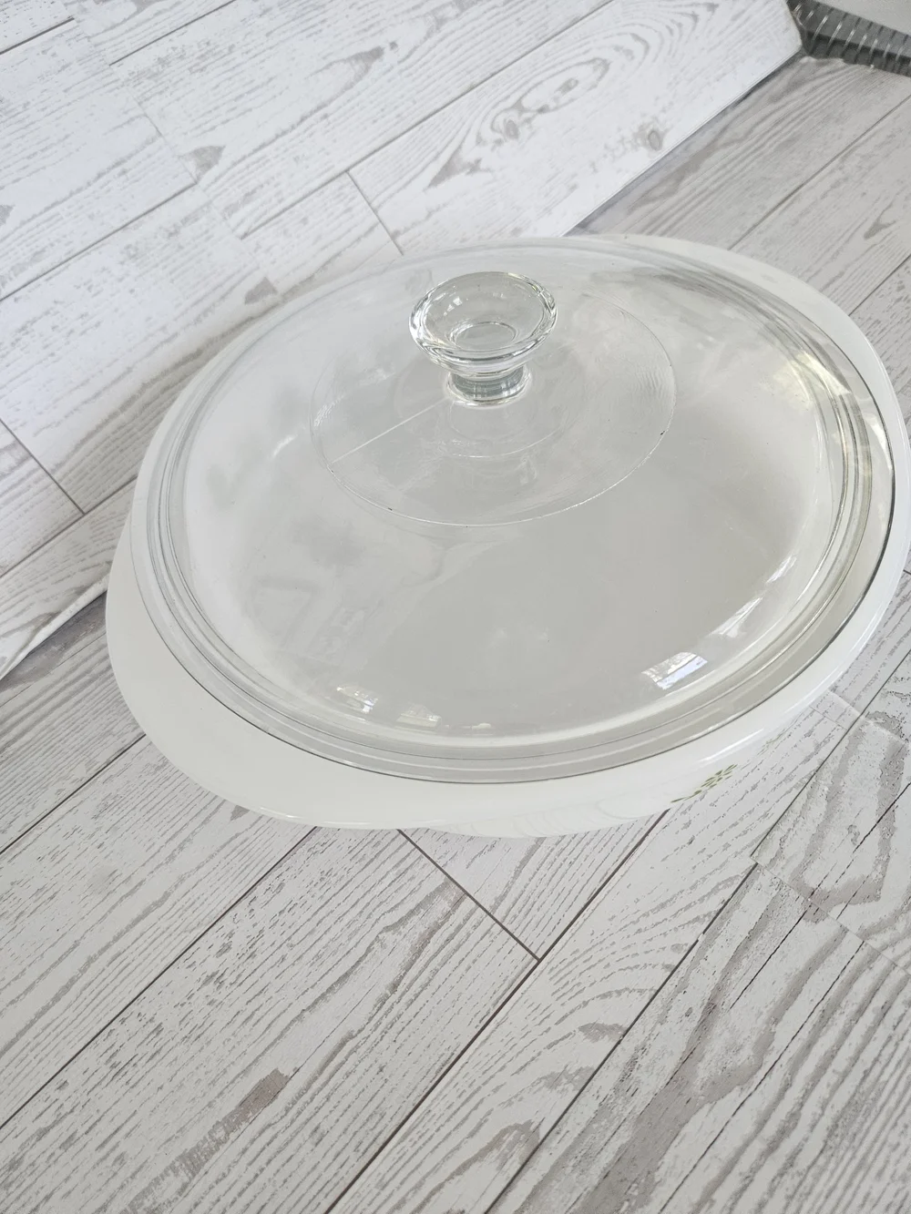 White Glass Casserole Dish with Green Floral Motif and Clear Lid